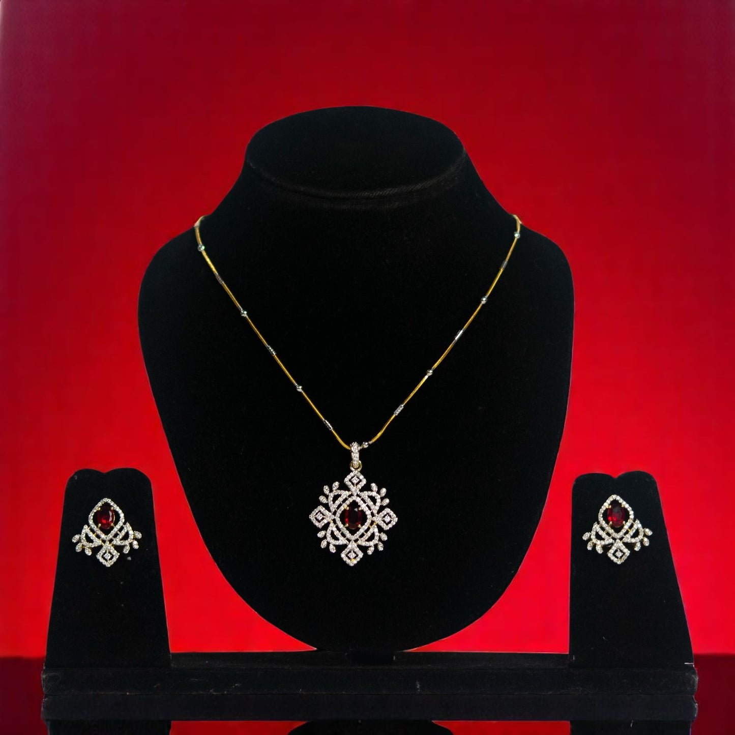 Gold Polish Chain Red Rubia Pendant Set