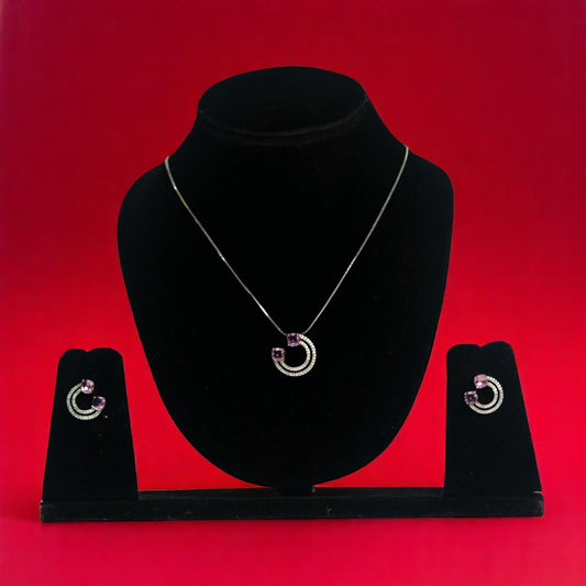 92.5 Silver Chain Zirconia Moon Shape Light Pink Pendant Set