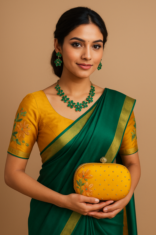 Green floral necklace set with embroidered hand clutch