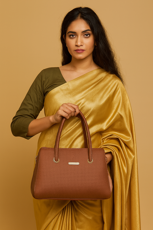 Brown dotted leather handbag with sling