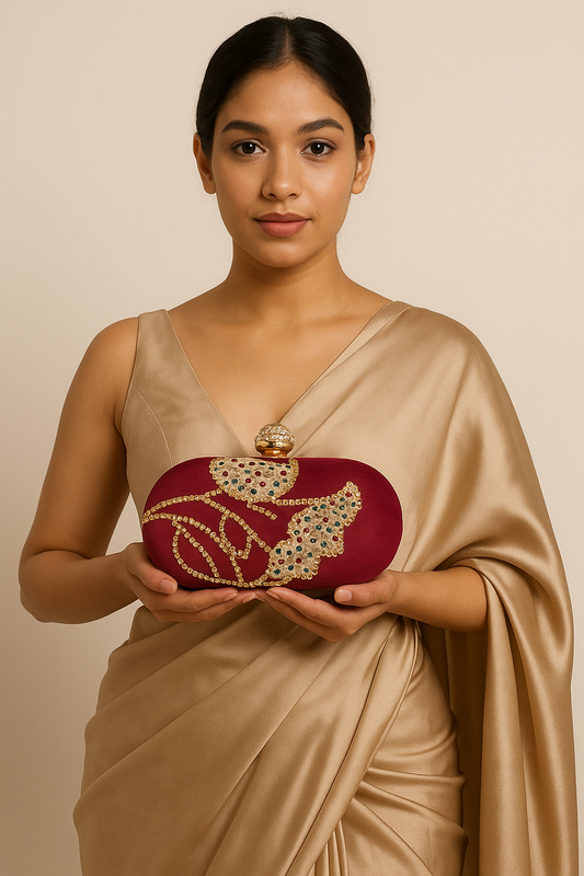 Mehroon embroidered oval shape hand clutch with sling