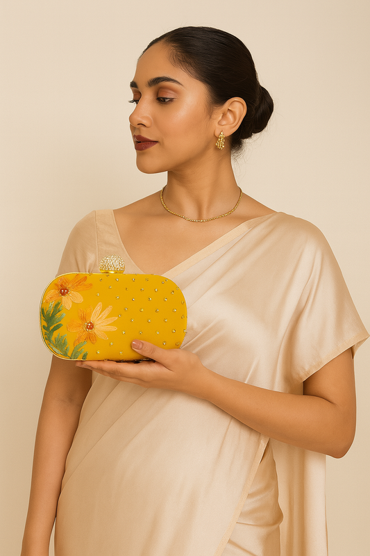 Golden yellow embroidered Kashmiri hand clutch with sling