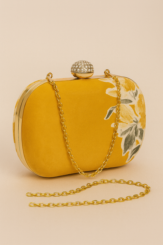 Gold yellow oval shape floral print hand clutch with sling