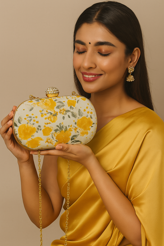 Gold yellow oval shape floral print hand clutch with sling