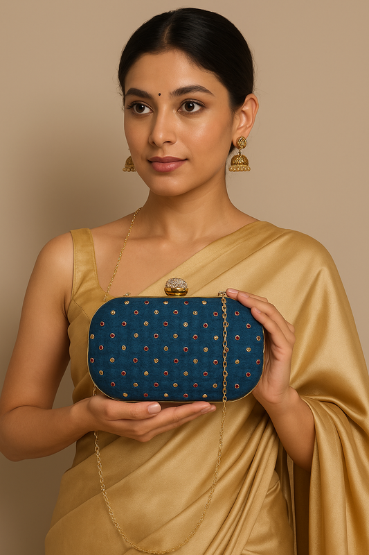 Navy Blue oval hand clutch sling with bandej stones