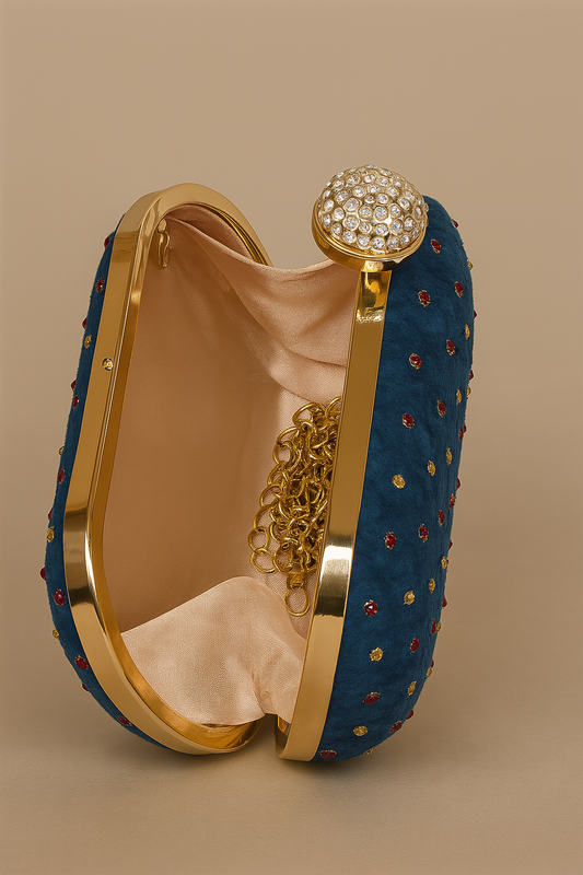 Navy Blue oval hand clutch sling with bandej stones
