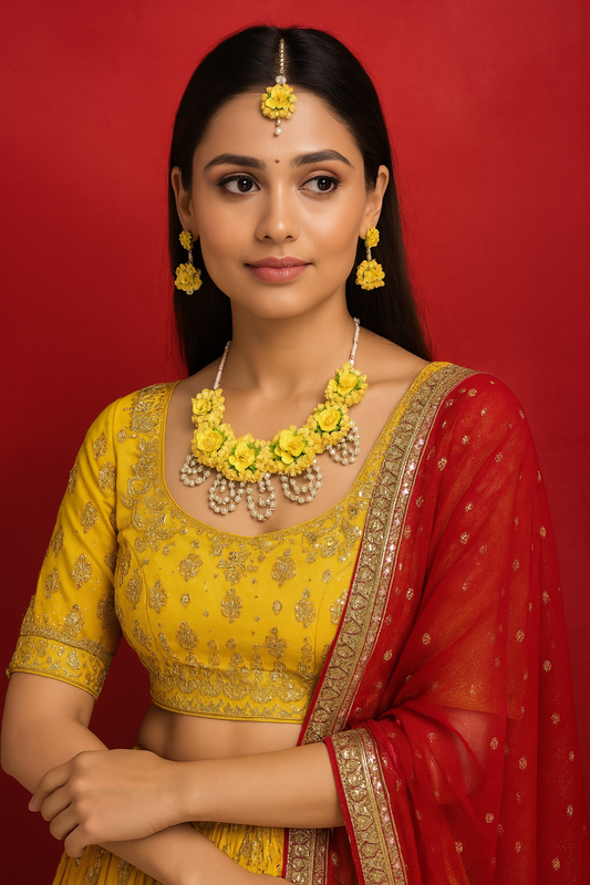 Lemon Yellow Handmade Floral Haldi-Mehendi Bridal Jewelry Set
