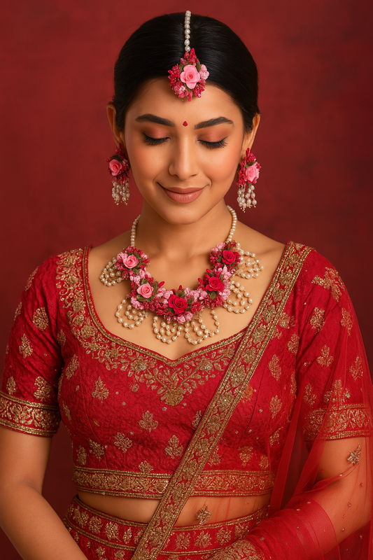 Dark-Light Pink Handmade Floral Haldi-Mehendi Bridal Jewelry Set