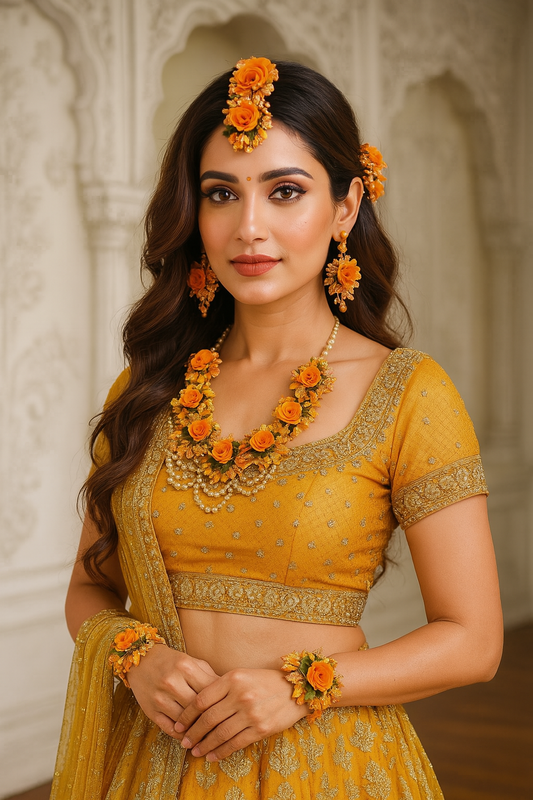 Orange Handmade Floral Haldi-Mehendi Bridal Jewelry Set