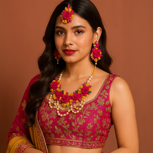 Pink and Yellow Handmade Floral Haldi-Mehendi Bridal Jewelry Set