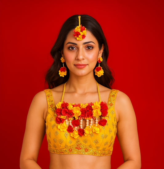 Yellow Red Handmade Floral Haldi-Mehendi Bridal Jewelry Set