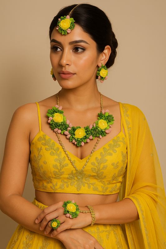 Yellow-Green Handmade Floral Haldi-Mehendi Bridal Jewelry Set