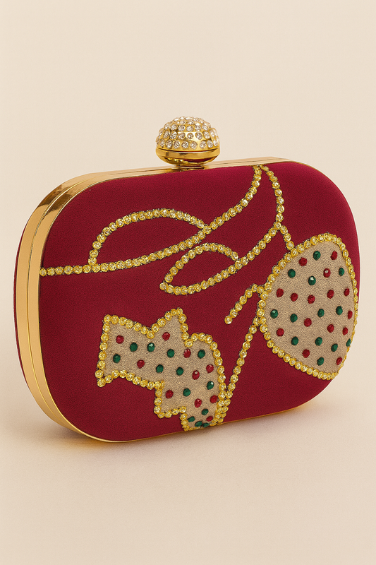 Mehroon embroidered oval shape hand clutch with sling