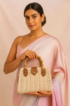Bamboo Off White Sling Bag with Wooden Handle