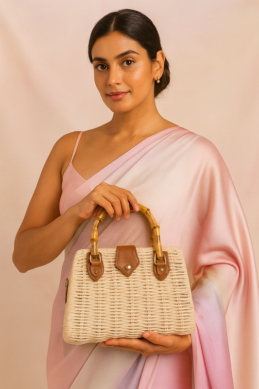 Bamboo Off White Sling Bag with Wooden Handle