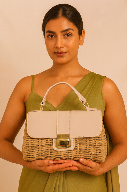 Bamboo Dark Beige with Pink Leather Handbag with Sling Bag
