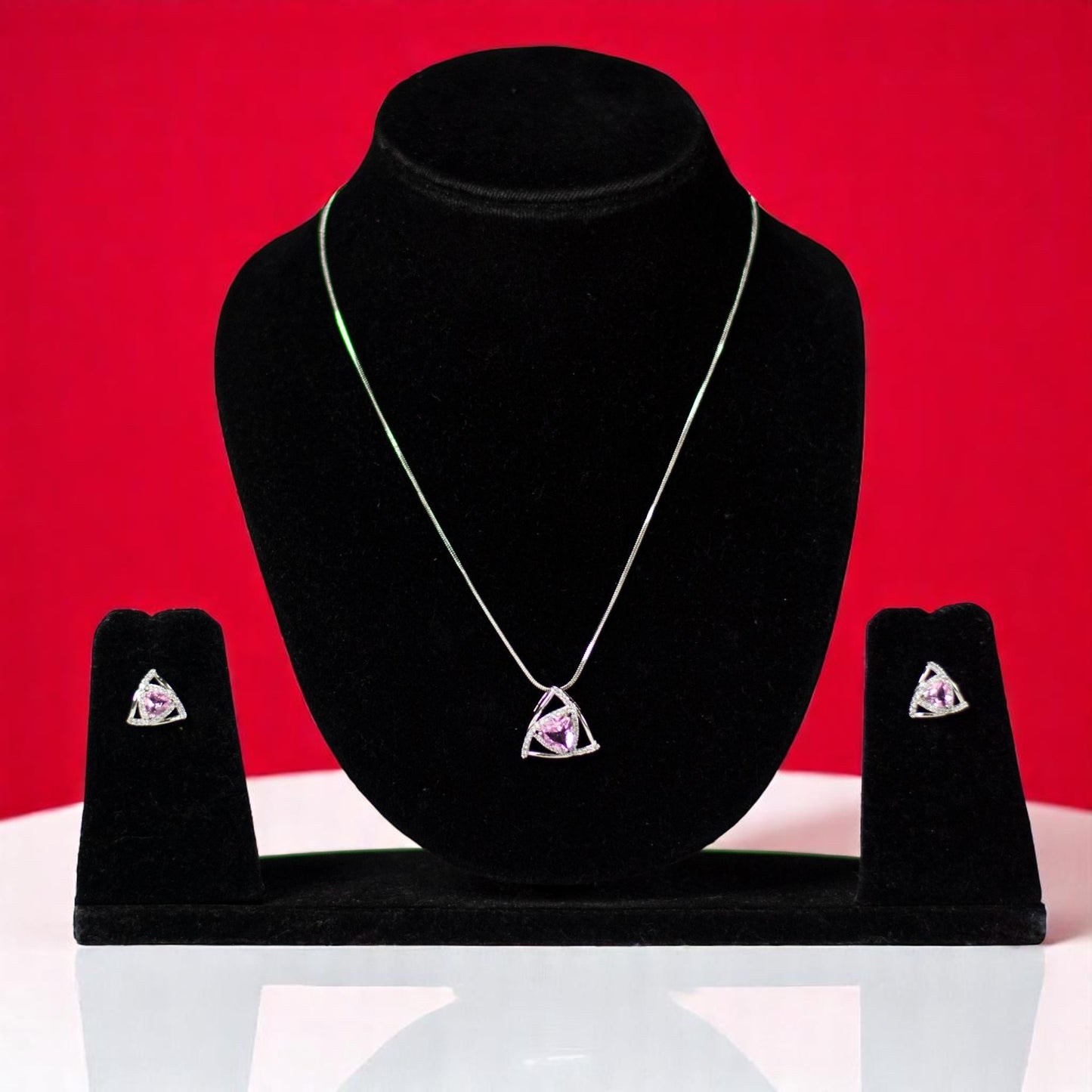 Zirconia Triangle Shape Pink Pendant Set