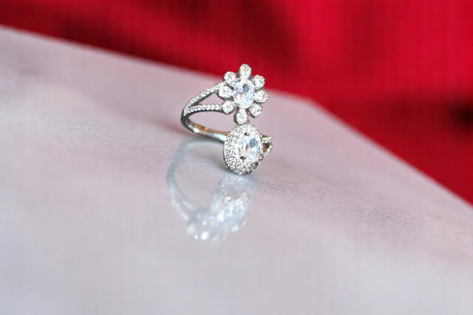92.5 Silver Zircon Round Flower Gemstone Adjustable Ring for Her
