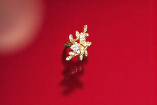 Gold Polish Stem with Leaves Adjustable Ring for Her
