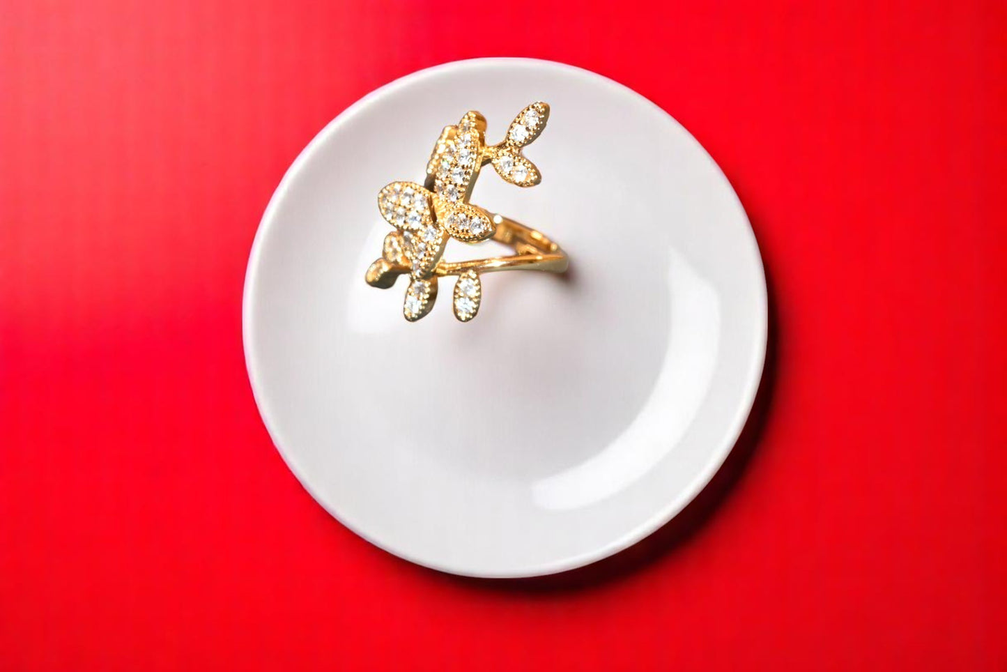 Gold Polish Stem with Leaves Adjustable Ring for Her