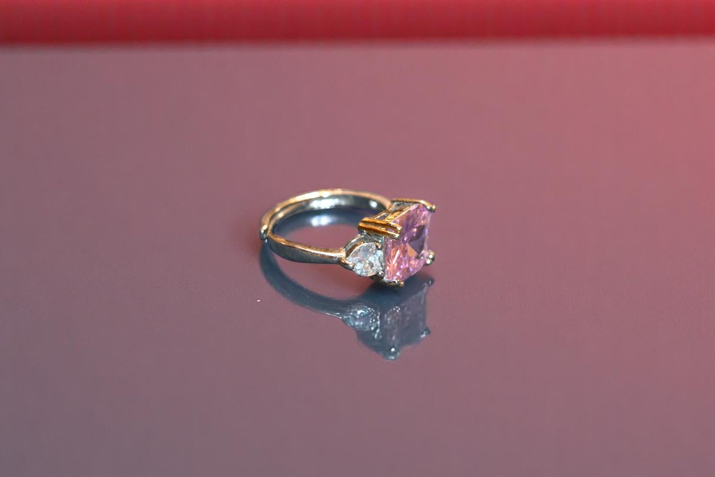 92.5 Silver Swarovski Pink Crystal Adjustable Ring For Her