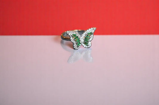 92.5 Silver Zircon Green Butterfly Adjustable Ring for Her