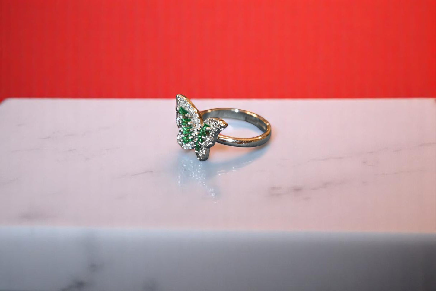 92.5 Silver Zircon Green Butterfly Adjustable Ring for Her