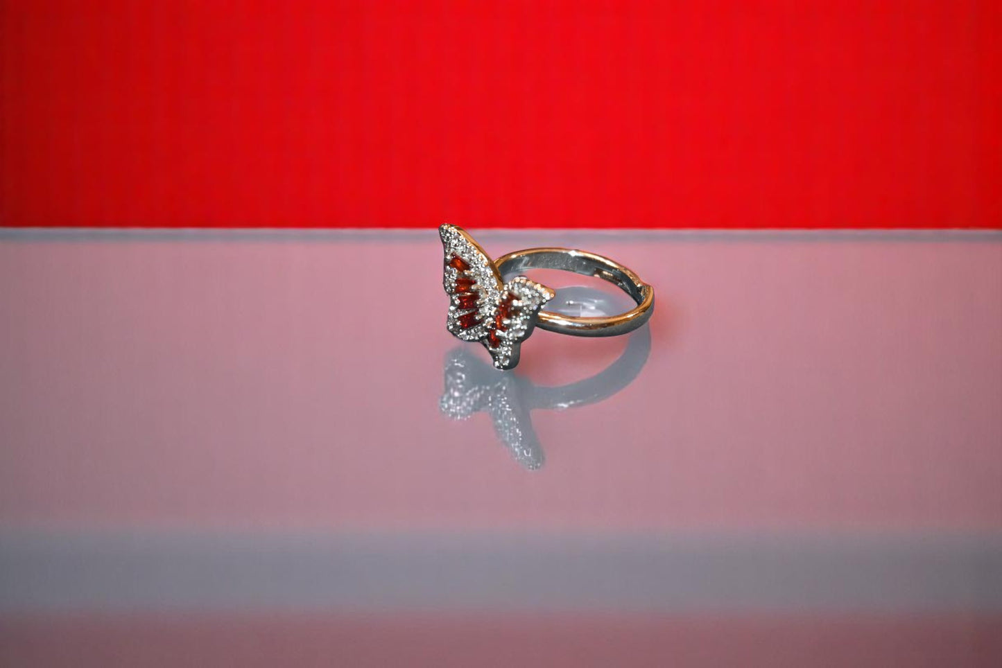 92.5 Silver Zircon Red Butterfly Adjustable Ring for Her