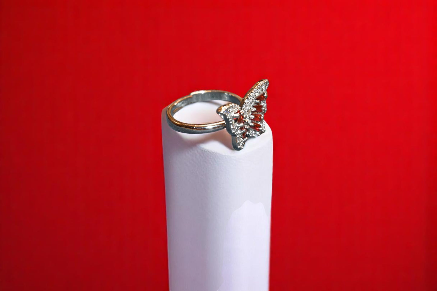 92.5 Silver Zircon Red Butterfly Adjustable Ring for Her