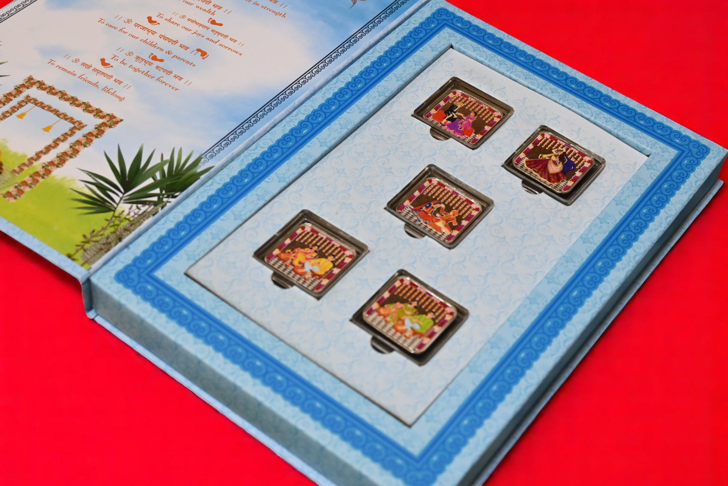 Shubh Vivah Blue Wedding Coin Box, UV Printed, Square Shape, Set of 5 Coins (5 Gram Each), 999 Purity Silver Coin – Ready to Ship