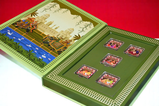 Shubh Vivah Green Wedding Coin Box, UV Printed, Square Shape, Set of 5 Coins (10 Gram Each), 999 Purity Silver Coin – Ready to Ship