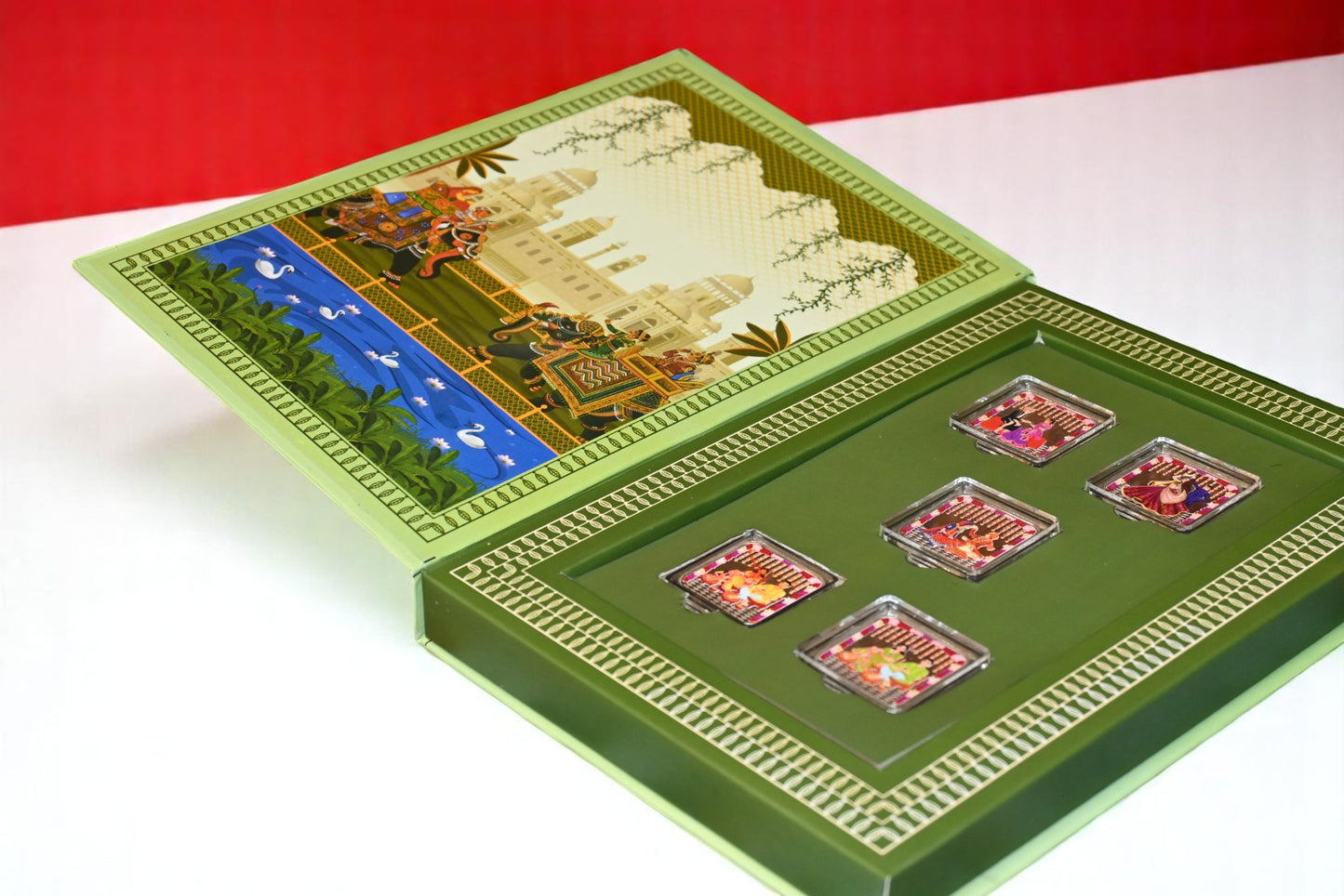 Shubh Vivah Green Wedding Coin Box, UV Printed, Square Shape, Set of 5 Coins (10 Gram Each), 999 Purity Silver Coin – Ready to Ship