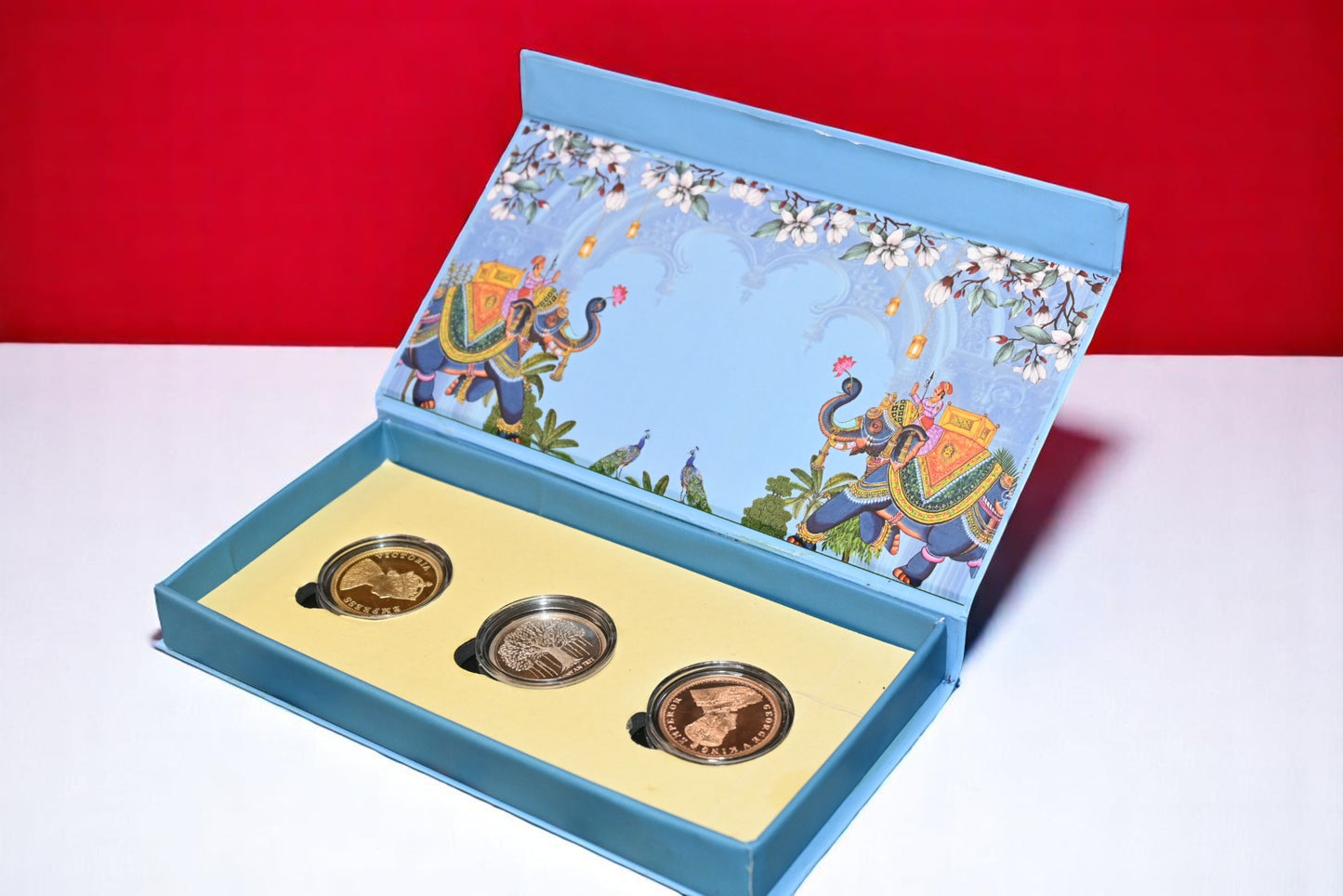 Victoria George Banyan Tree, Tri Color, Round Shape, Set of 3 Coins (2.5gm each), Peacock Box, 999 Purity Silver Coin