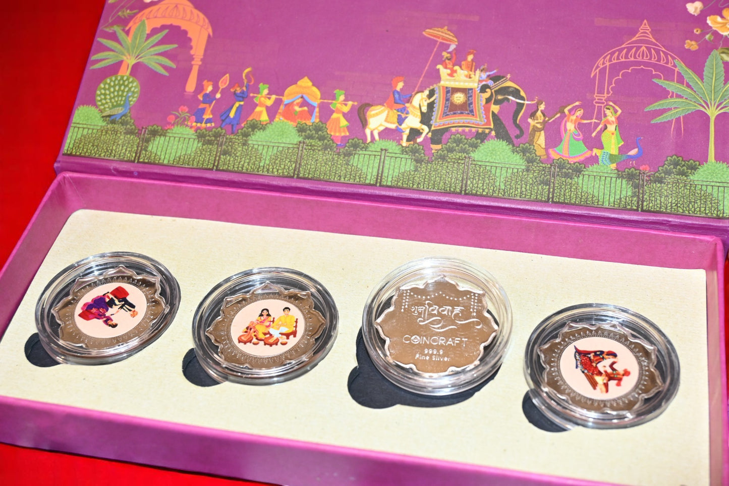 Shubh Vivaah, Lotus Shape, Set of 4 Coins (2.5gm each), 999 Purity Silver Coins