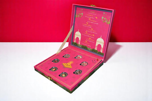 Musical 7 Vachan (7 Vows) Pink Wedding Coin Box, UV Printed, Round Shape, Set of 7 Coins (3 Gram Each), 999 Purity – Ready to Ship