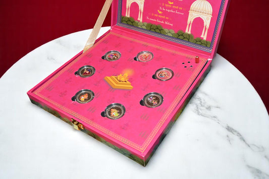 Musical 7 Vachan (7 Vows) Pink Wedding Coin Box, UV Printed, Round Shape, Set of 7 Coins (3 Gram Each), 999 Purity – Ready to Ship