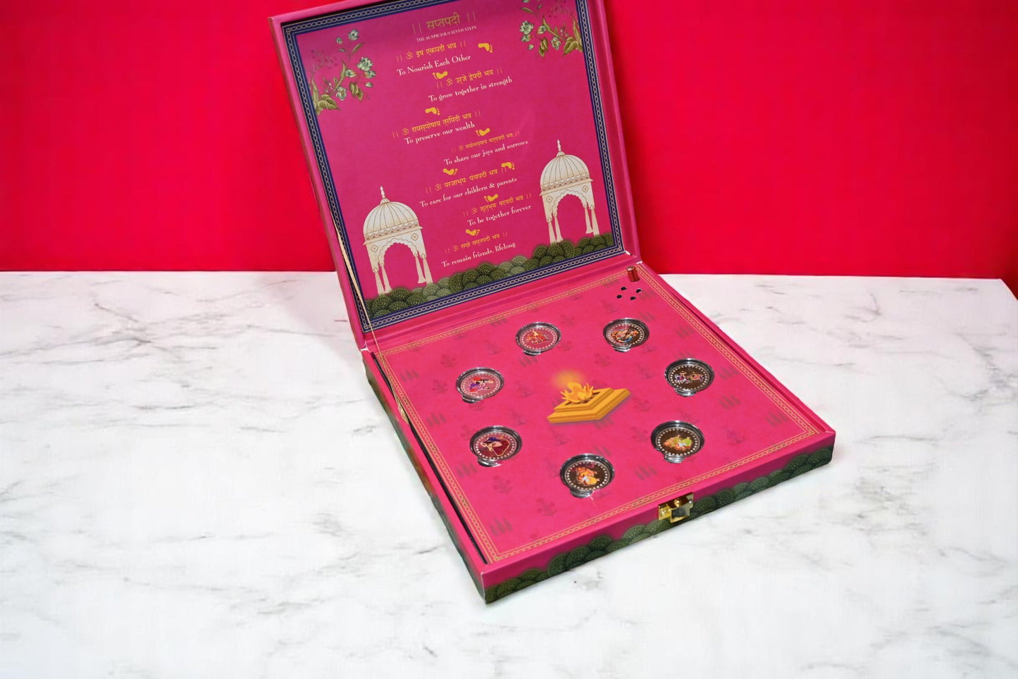 Musical 7 Vachan (7 Vows) Pink Wedding Coin Box, UV Printed, Round Shape, Set of 7 Coins (3 Gram Each), 999 Purity – Ready to Ship