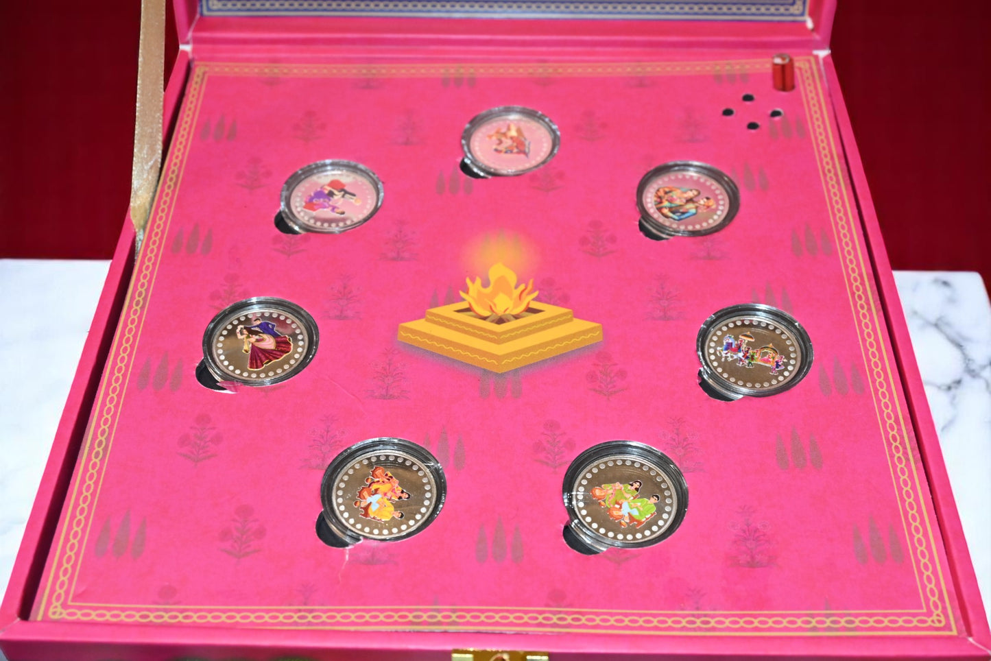 Musical 7 Vachan (7 Vows) Pink Wedding Coin Box, UV Printed, Round Shape, Set of 7 Coins (3 Gram Each), 999 Purity – Ready to Ship