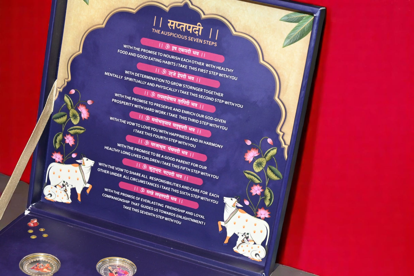 Musical 7 Vachan (7 Vows) Purple Wedding Coin Box, UV Printed, Round Shape, Set of 7 Coins (2.5 Gram Each), 999 Purity – Ready to Ship