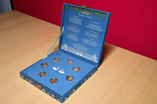 Musical 7 Vachan (7 Vows) Blue Duck Wedding Coin Box, UV Printed, Round Shape, Set of 7 Coins (2.5 Gram Each), 999 Purity