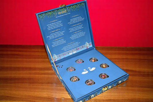 Musical 7 Vachan (7 Vows) Blue Duck Wedding Coin Box, UV Printed, Round Shape, Set of 7 Coins (2.5 Gram Each), 999 Purity