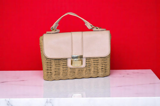 Mauritius Bamboo Dark Beige with Pink Leather Handbag with Sling Bag