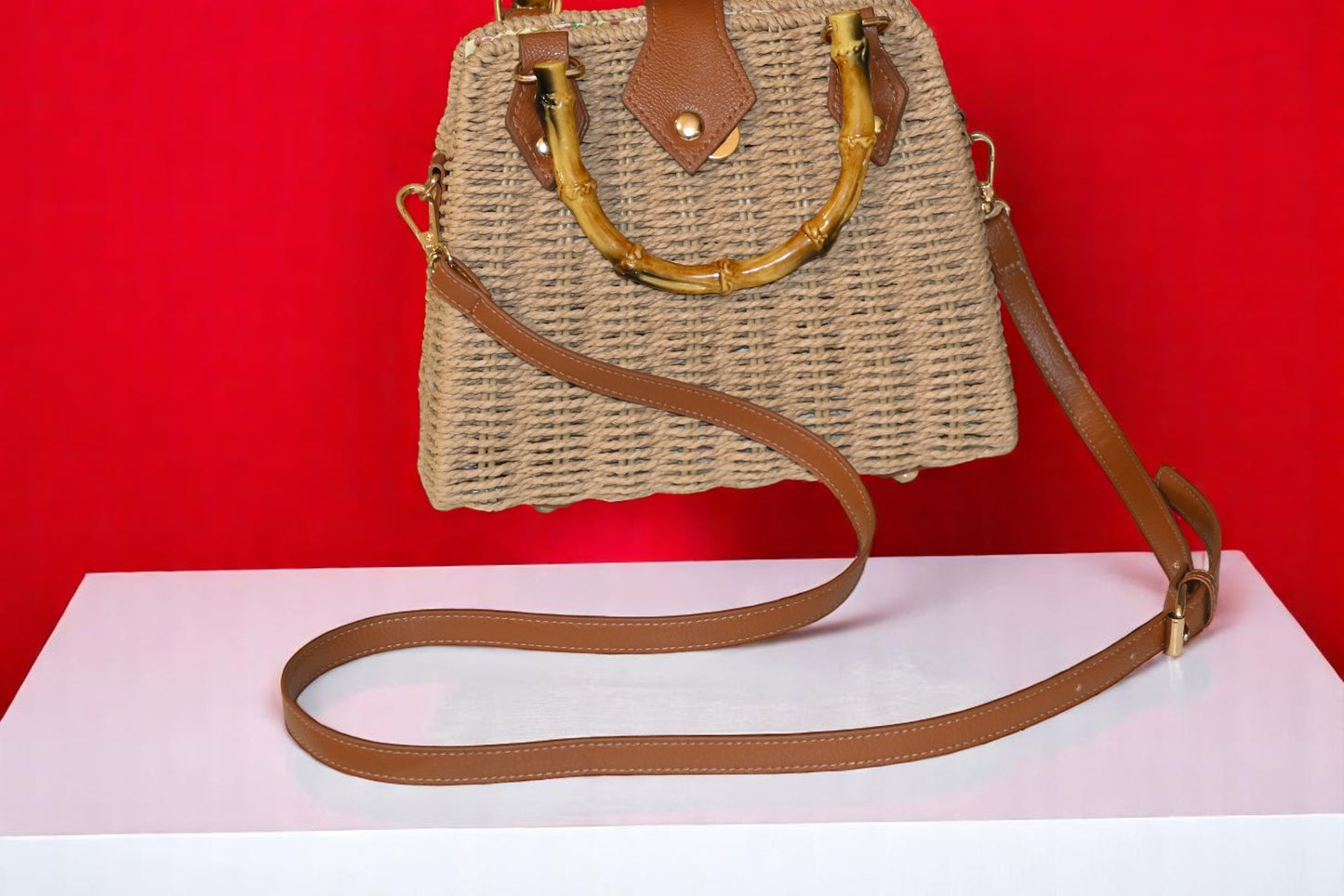 Bamboo Dark Beige Sling Bag with Wooden Handle