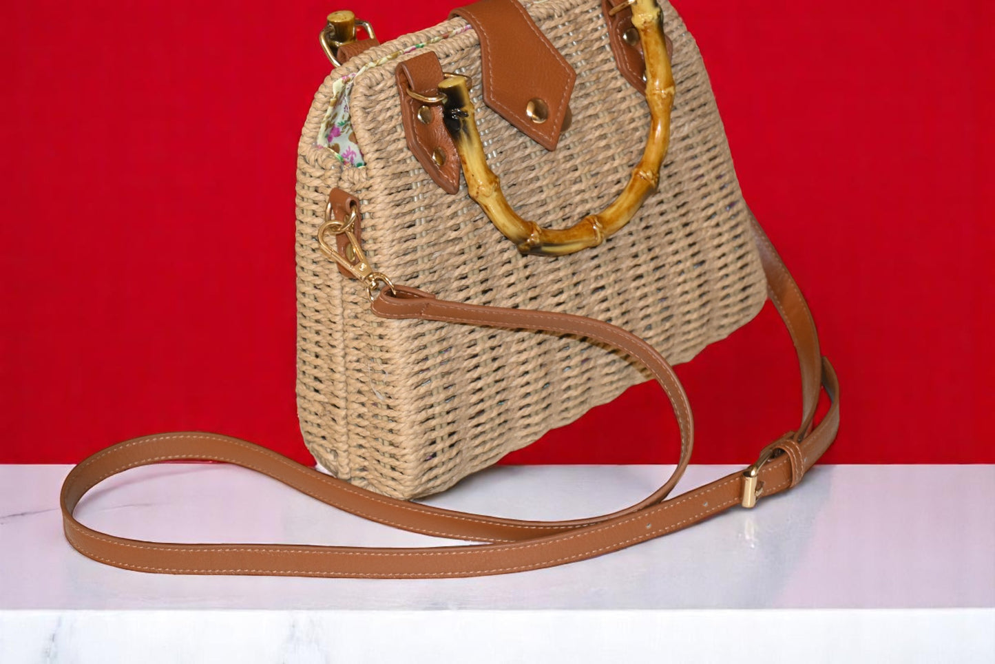 Bamboo Dark Beige Sling Bag with Wooden Handle