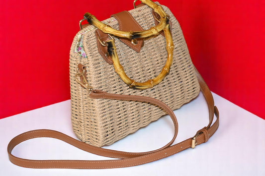 Mauritius Bamboo Dark Beige Sling Bag with Wooden Handle