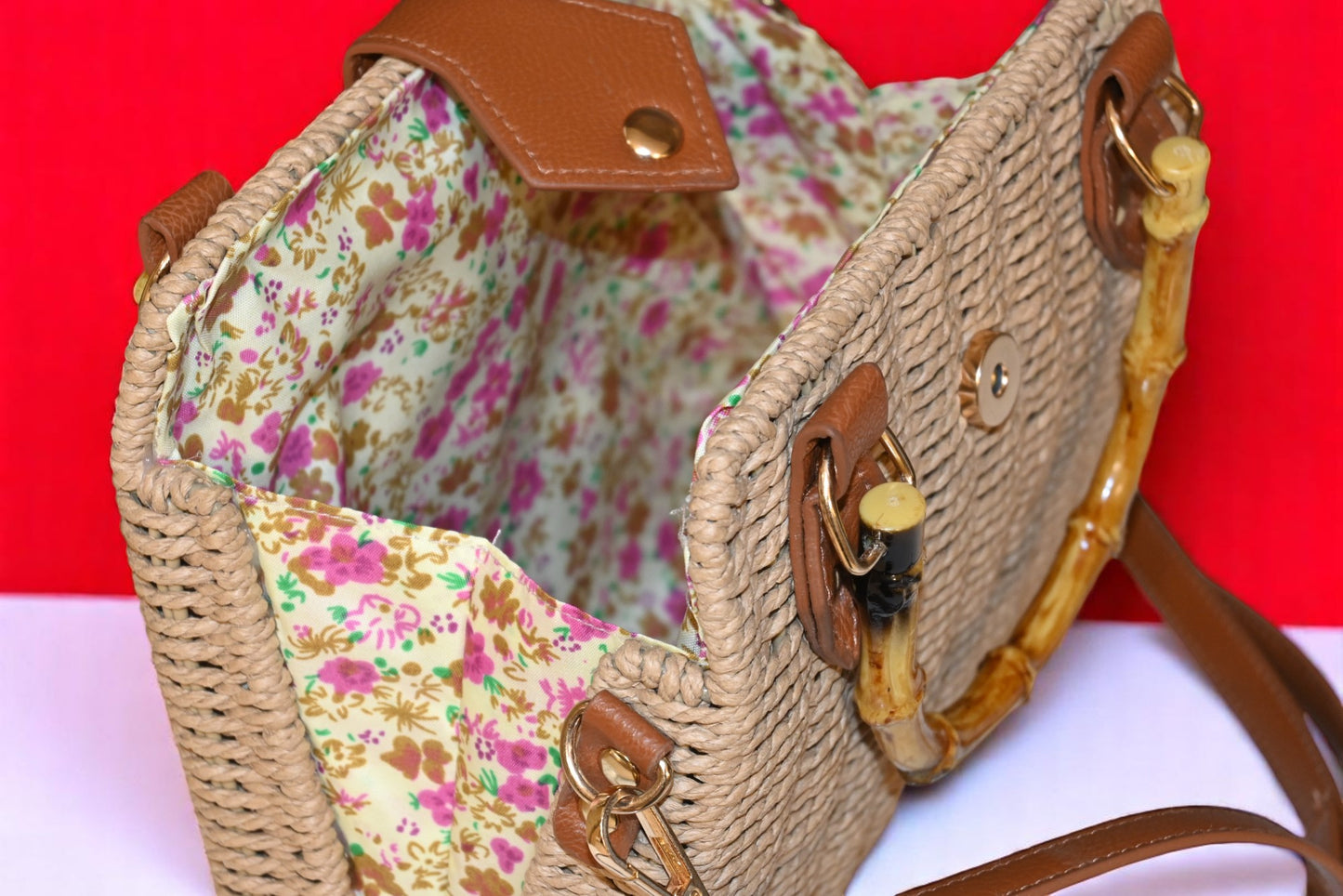Bamboo Dark Beige Sling Bag with Wooden Handle