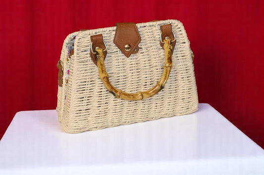 Mauritius Bamboo Off White Sling Bag with Wooden Handle