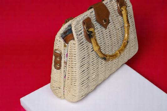 Mauritius Bamboo Off White Sling Bag with Wooden Handle