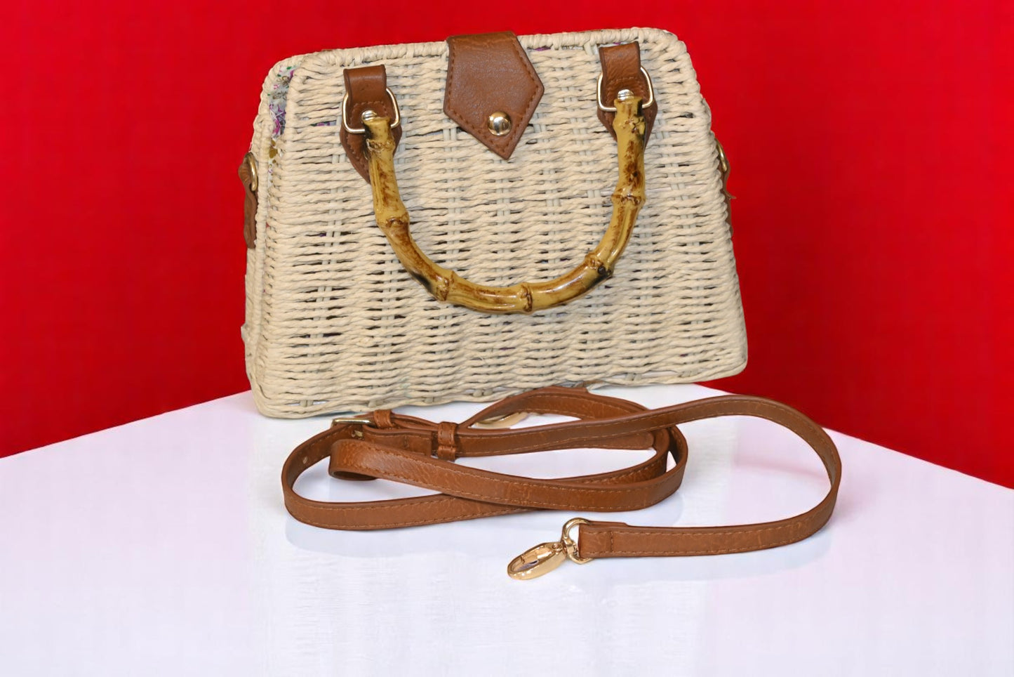 Bamboo Off White Sling Bag with Wooden Handle