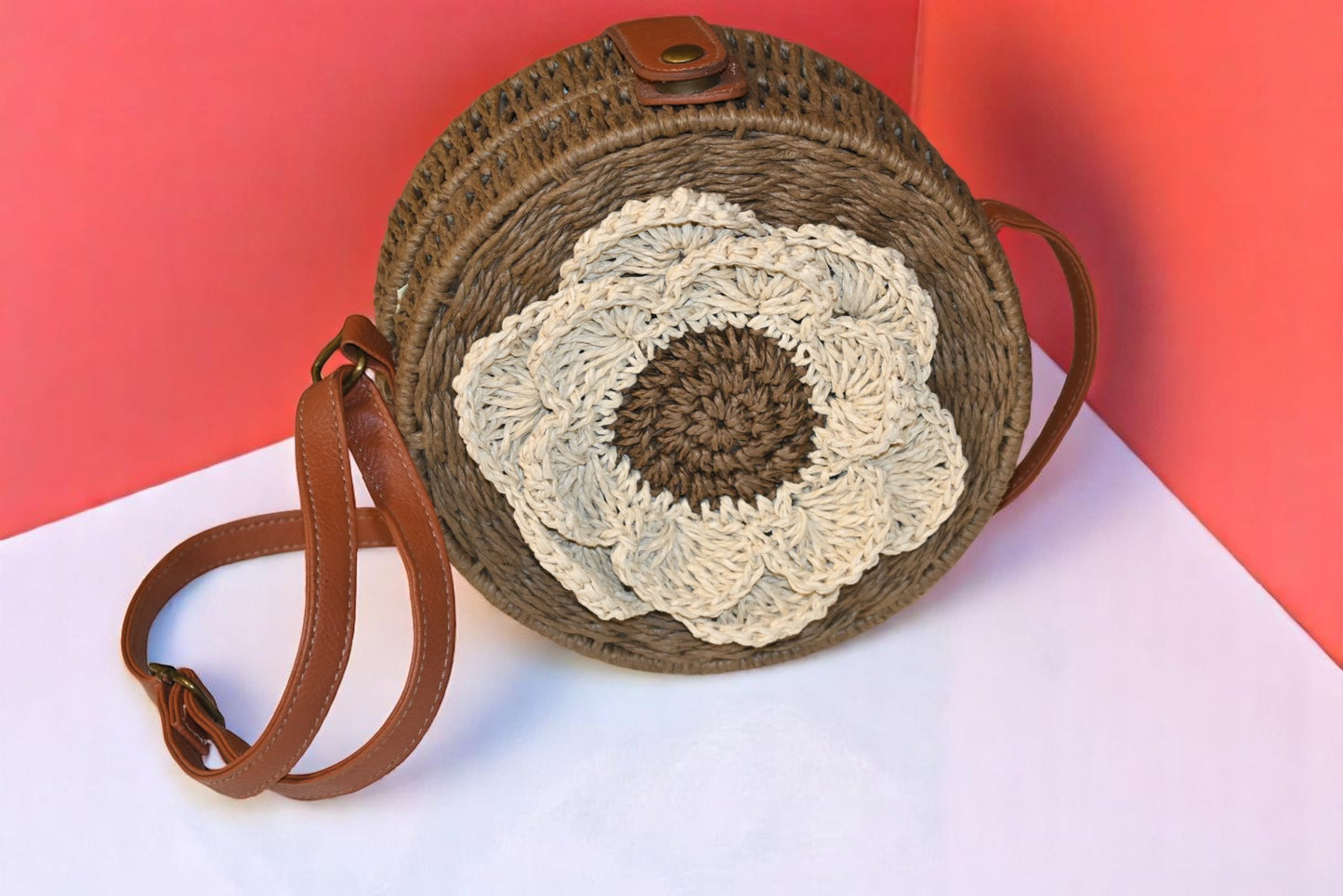 Bamboo Off White Flower Round Sling Bag